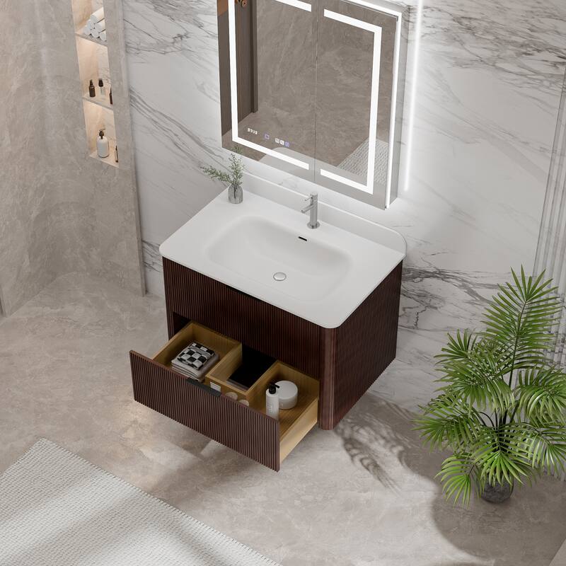 Modland Fluted Floating Vanity with Sink, Plywood Wall Mount Cabinet, Curved Edge, 24/30/36 Inch