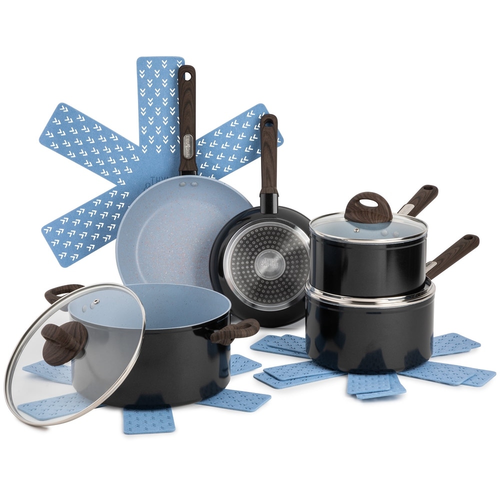 Martha Stewart Everyday Hearne 10-Piece Dusty Blue Enamel Aluminum Cookware Set