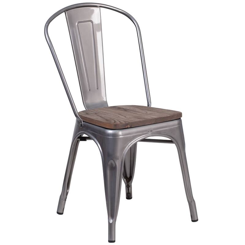 Clear Coated Metal Stackable Chair with Wood Seat - 17.75"W x 21"D x 33.5"H - Single - clear coated - Short