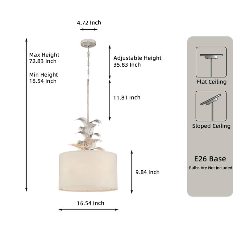 Acroma 4 - Light Whitewashed Drum Chandelier with Palm Leaf Detailing and Fabric Shade