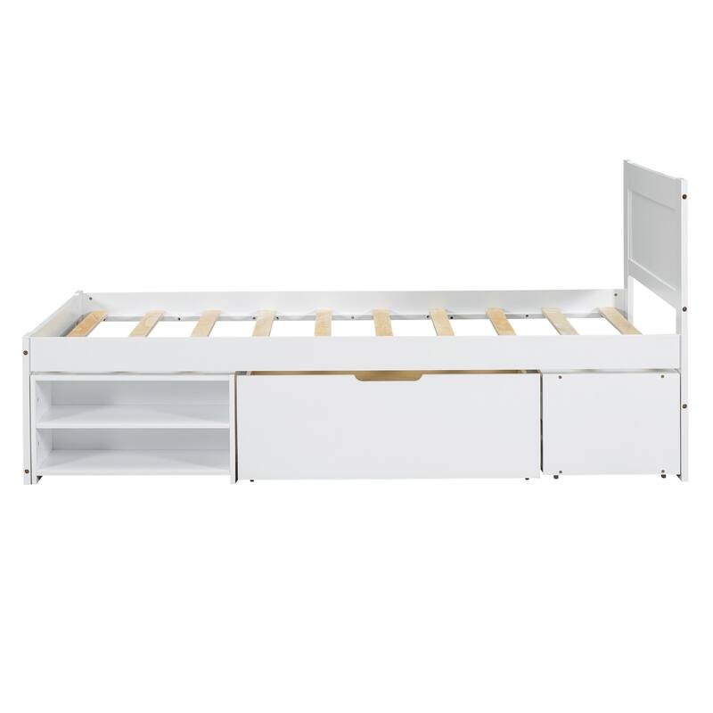 Platform bed with drawers and two shelves