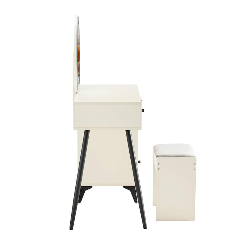Makeup Vanity with Round LED Mirror, Drawers and Adjustable Shelves