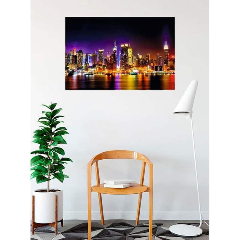 New York City Manhattan Skyline Reflections at Night Art Poster - 36 x 24 Inch