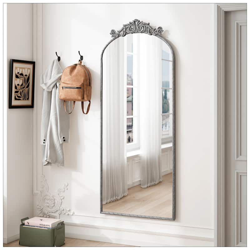 58"x24" Arched Full Body Mirror with Vintage Ornate Carved Applique