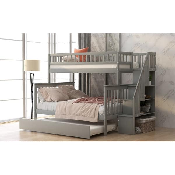 slide 2 of 26, Twin over Full Bunk Bed with Trundle & Storage Gray