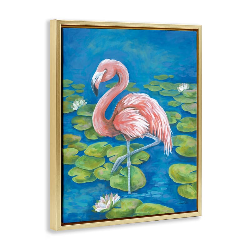 Stupell Balancing Flamingo & Lily Pads Framed Floater Canvas Wall Art Design By Diane Kater