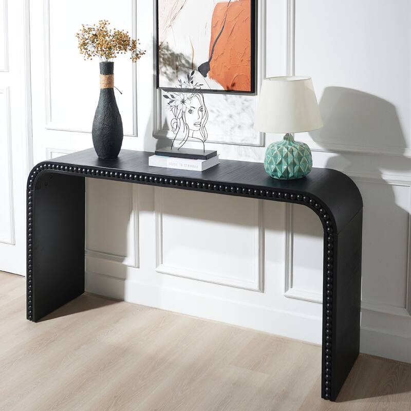 Roomfitters Black Wood Console Table, 59in Curved Waterfall Entryway Table with Wood Bead Detail, Black
