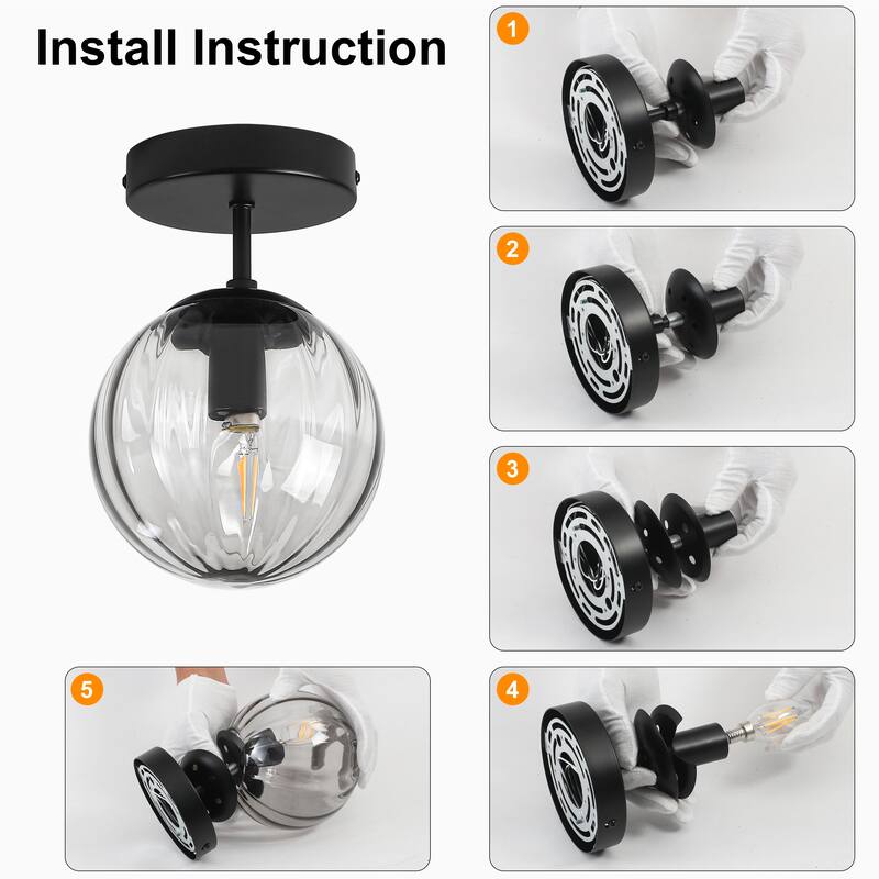 Modern Single Semi Flush Ceiling Light with Metal Base & Ribbed Gray Glass Globe Shade