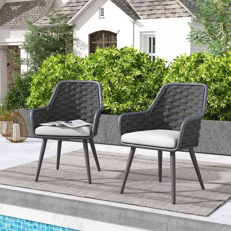 Outdoor 2-Piece Metal Arm Dining Chairs With Cushions