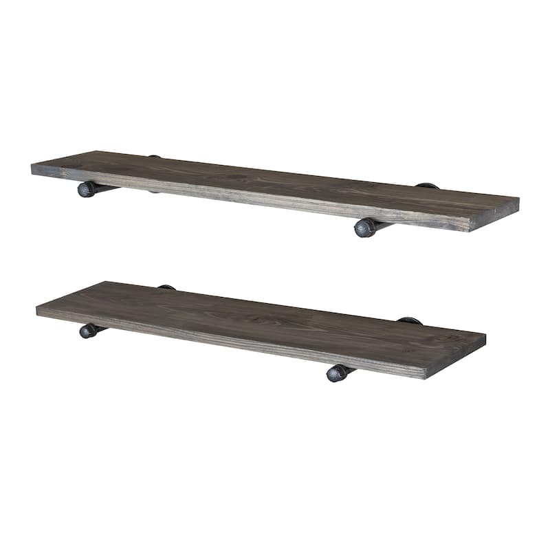 PIPE DECOR 36" Solid Wood Wall Shelves with Rustic Black Industrial Steel Pipe Brackets, Set of 2 - Boulder Black