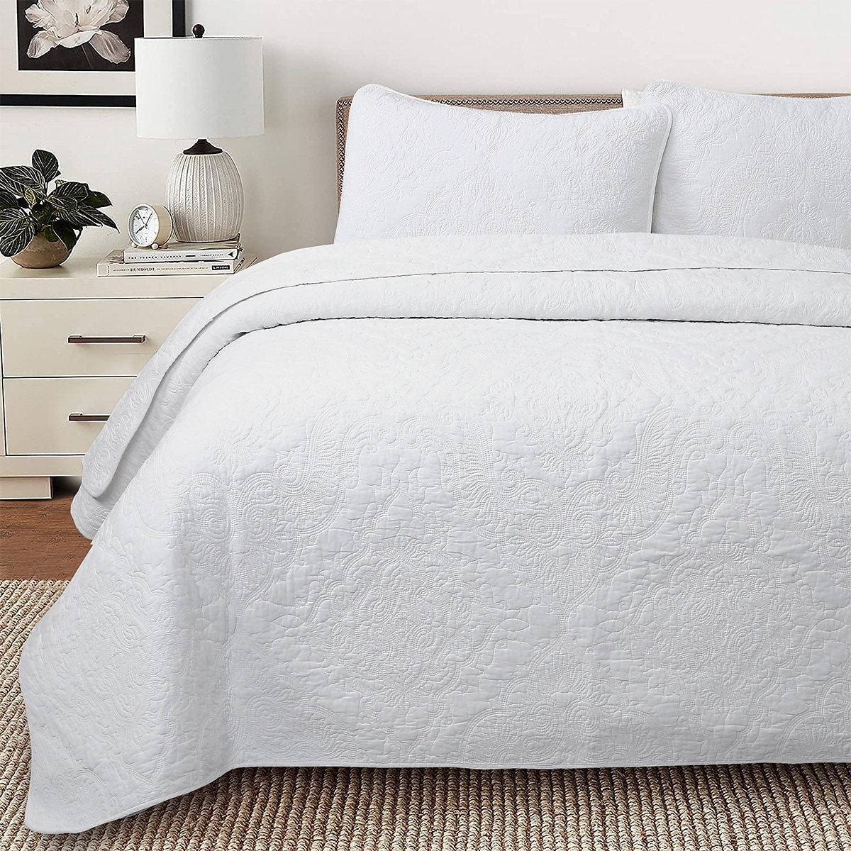 Cozy Line Classic Orient Damask Medallion Stitch Solid White Cotton 3 Piece Reversible Quilt Bedding Set