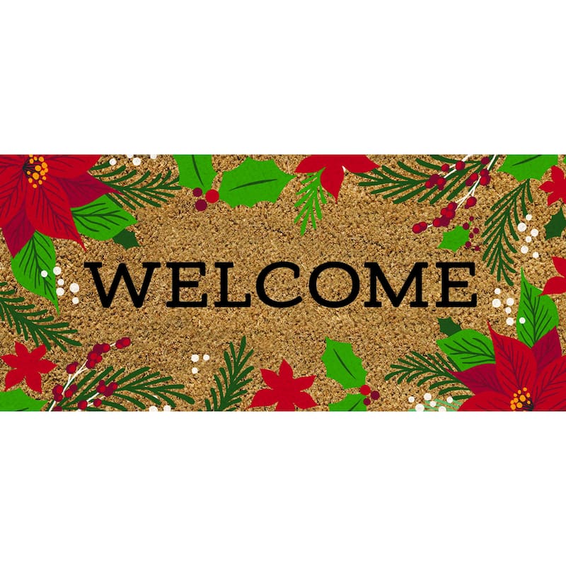 22 in. x 10 in. Welcome Holiday Poinsettias Flocked Coir Sassafras Switch Mat - 22 x 10