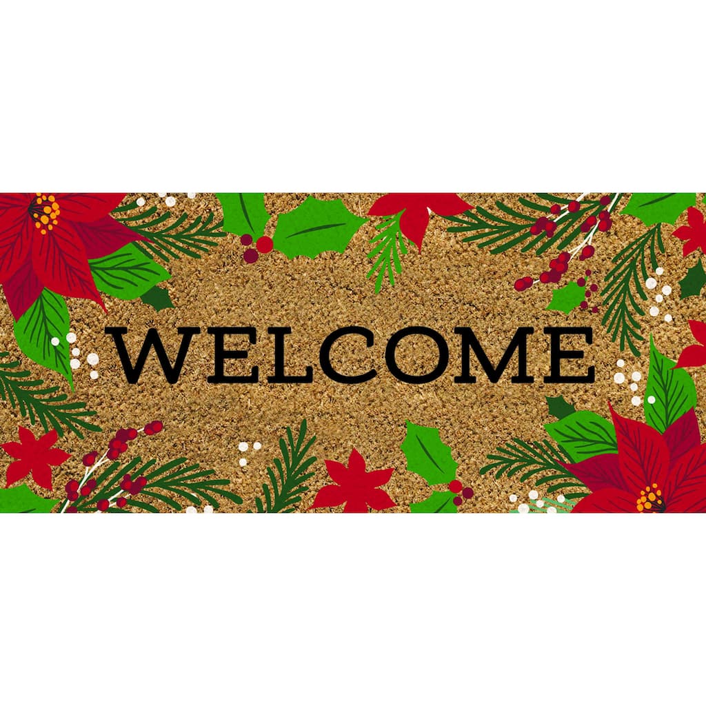 22 in. x 10 in. Welcome Holiday Poinsettias Flocked Coir Sassafras Switch Mat - 22 x 10