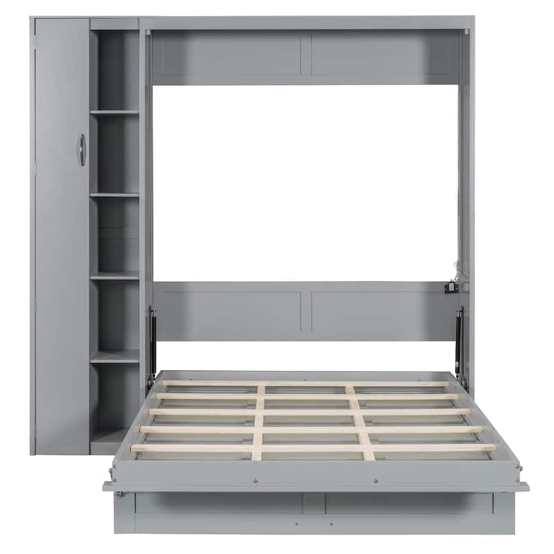 Full Size Murphy Bed Wall Bed with Shelves, Wardrobe and LED Lights