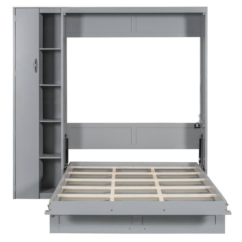 Space-Saving Full Size Wall Bed with Shelves, Wardrobe, and LED Lights in Gray