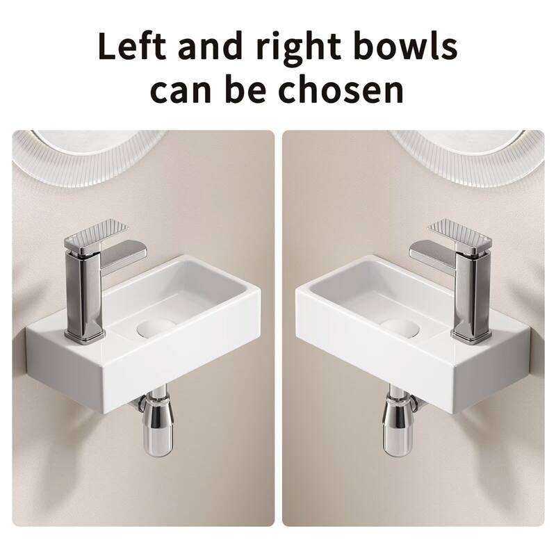 Wall-Mounted Ceramic Bathroom Sink with Silver Color Faucet & Drain