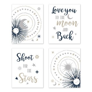 Star and Moon Collection Wall Decor Art Prints (Set of 4) - Navy Blue, Gold, and Grey Celestial Sky