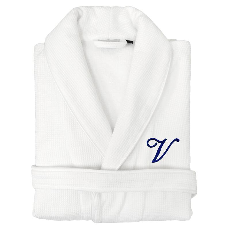 Authentic Hotel and Spa Unisex Navy Blue Monogrammed Turkish Cotton Waffle Weave Terry Bath Robe - V - S/M