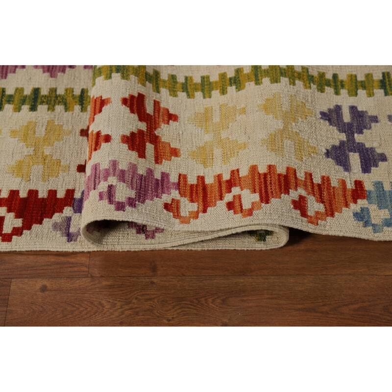 Reversible Geometric Kilim Area Rug Flatweave Wool Carpet - 8'9" x 11'3"