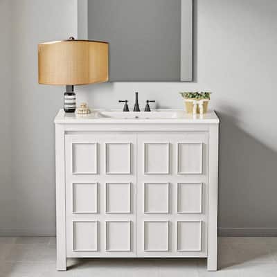 36" Bathroom Vanity with Ceramic Sink, Handcrafted Solid Wood Frame & Soft-Close Doors, Spacious Storage