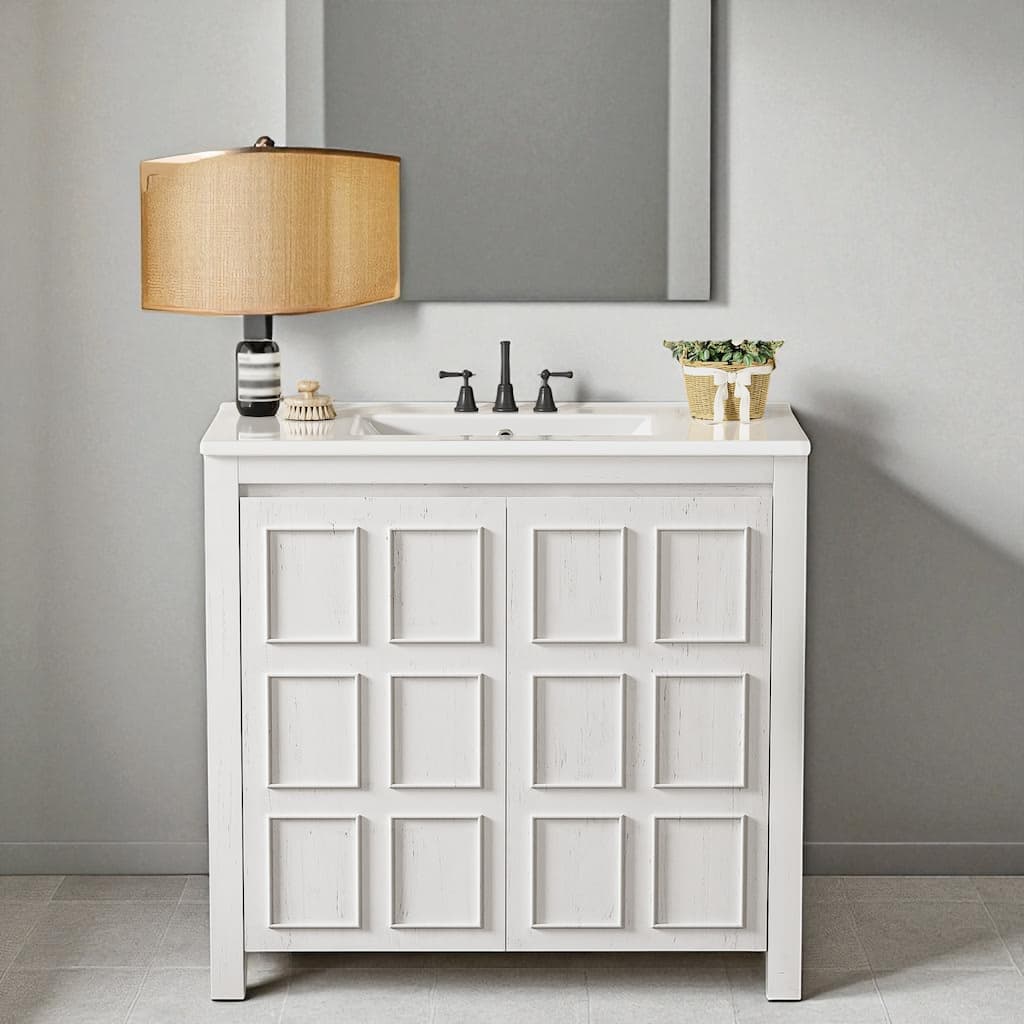 36" Bathroom Vanity with Ceramic Sink, Handcrafted Solid Wood Frame & Soft-Close Doors, Spacious Storage