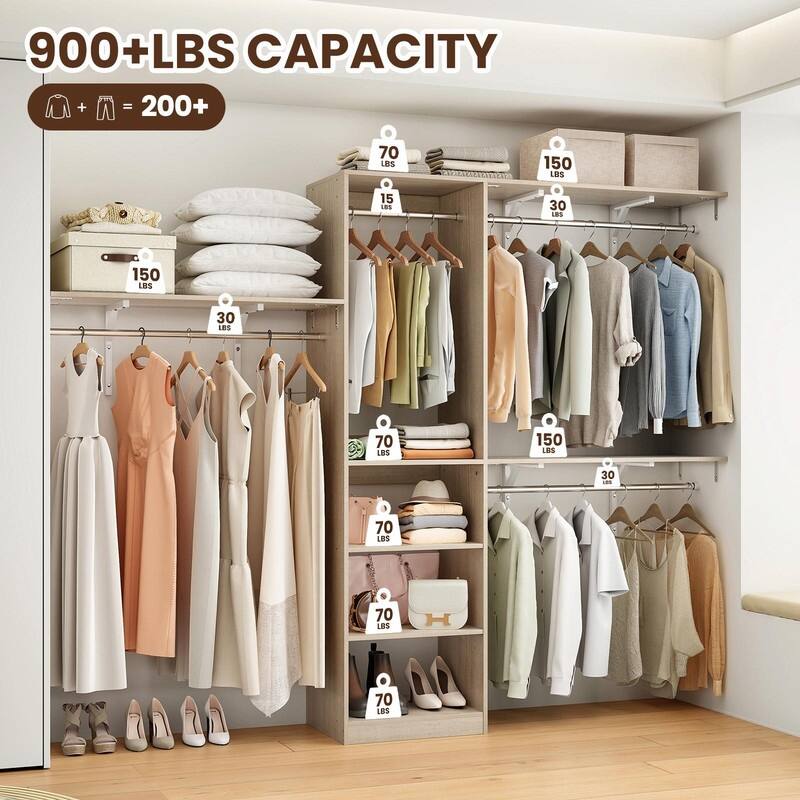 Heavy-Duty Wood Walk-In Closet Organizer - Adjustable Wardrobe System with 4 Hanging Rods & 5 Shelves for 8 ft Spaces