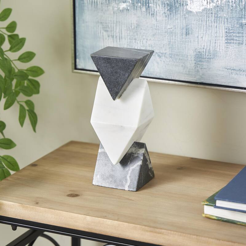 White Marble Stacked Pyramid Geometric Decorative Sculpture - White - 4"W, 10"H