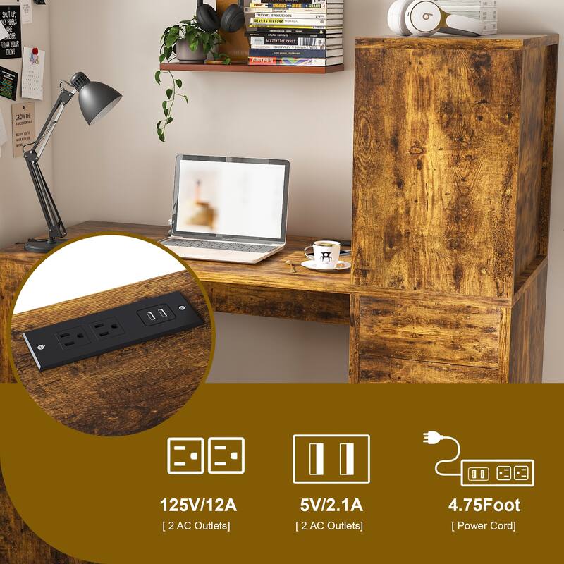 Roomfitters Computer Desk with Charging Station, 3 Drawers and 4 Tier Storage Shelves, Carbonized Wood Home Office Table, Brown