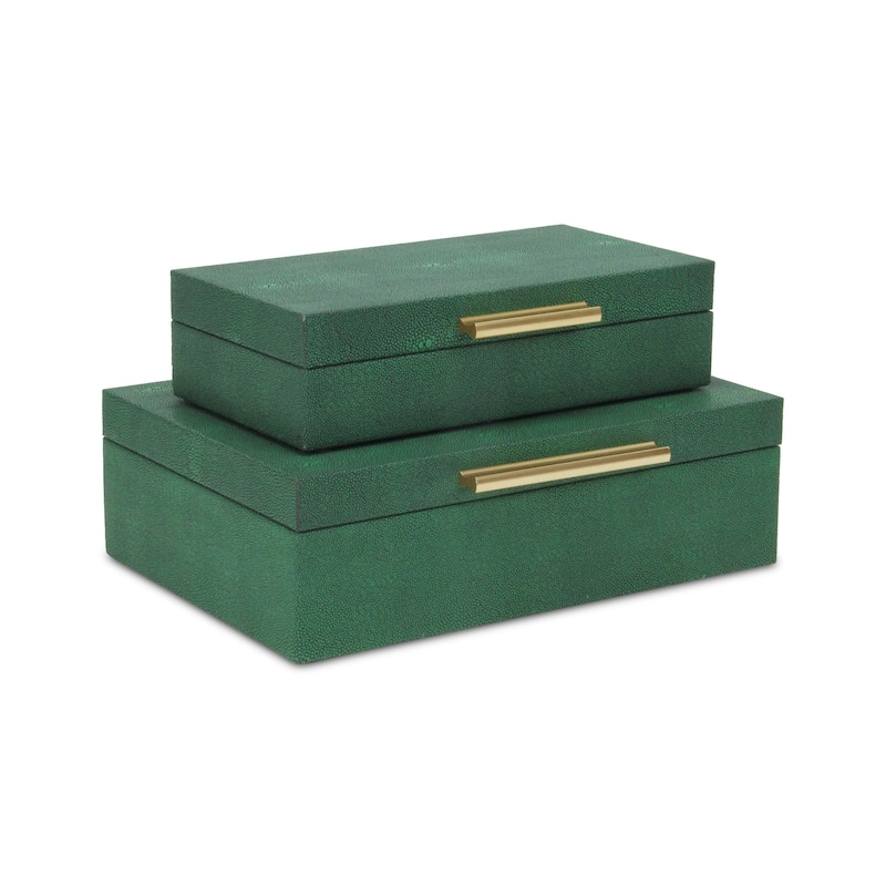 Handcrafted Faux Shagreen Decorative Boxes - 11.75" - Green and Gold - Set of 2