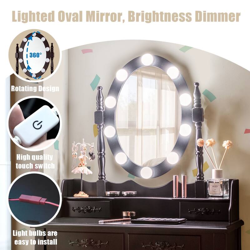 Costway Vanity Table Table 10 Dimmable Bulbs Black White Brown