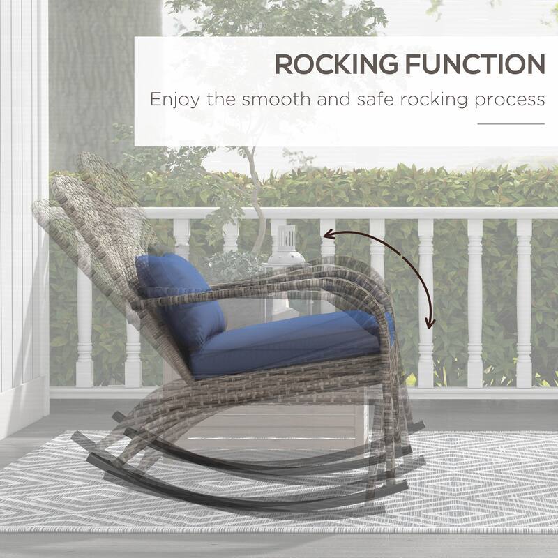 Outsunny Outdoor Wicker Adirondack Rocking Chair, Patio Rattan Rocker Chair with High Back, Seat Cushion - Blue