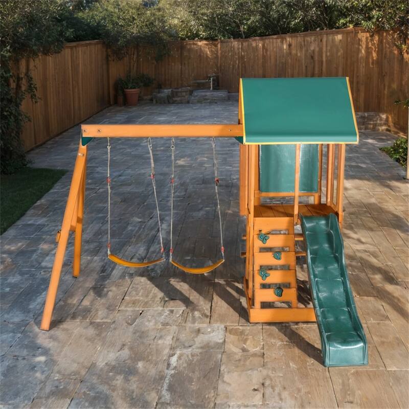 Outdoor 3 in 1 Wood Swing Set with Slide, 2 Swings and Climber
