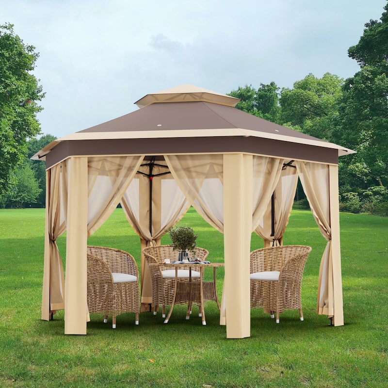 Pop Up Gazebo, Hexagonal Canopy Shelter with 6 Zippered Mesh Netting, Event Tent with Strong Steel Frame