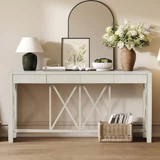 Modern Acacia Wood 60" Console Table with 4 Drawers and Unique X-Design for Entryway or Living Room