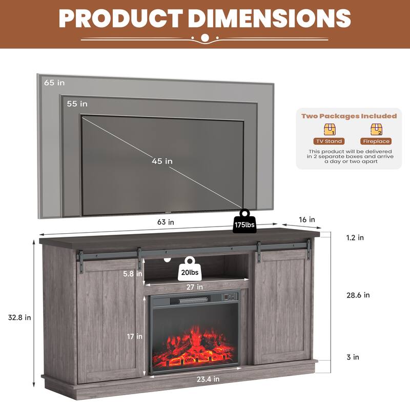 63" Farmhouse Fireplace TV Stand with Sliding Barn Door, Accommodates TVs Up to 65", Featuring Storage and Adjustable Shelves