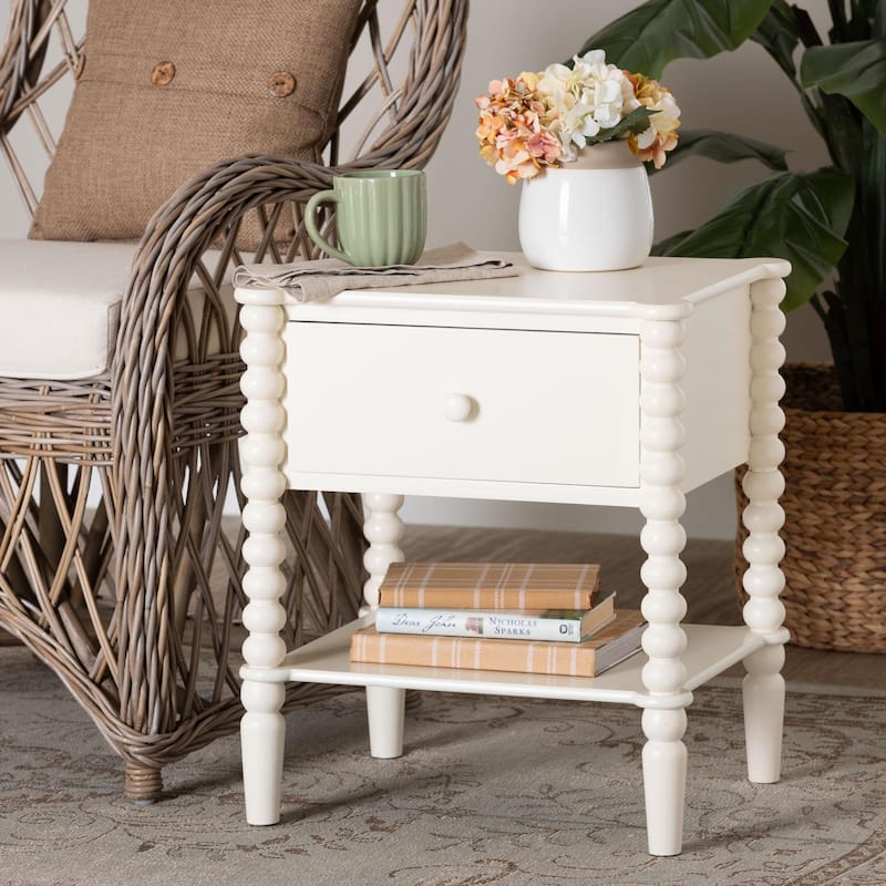 Rimona End Table with Bobbin Legs - 1-Drawer Accent Table with Spindle Turned Legs and Open Shelf, Cottage Farmhouse Side Table