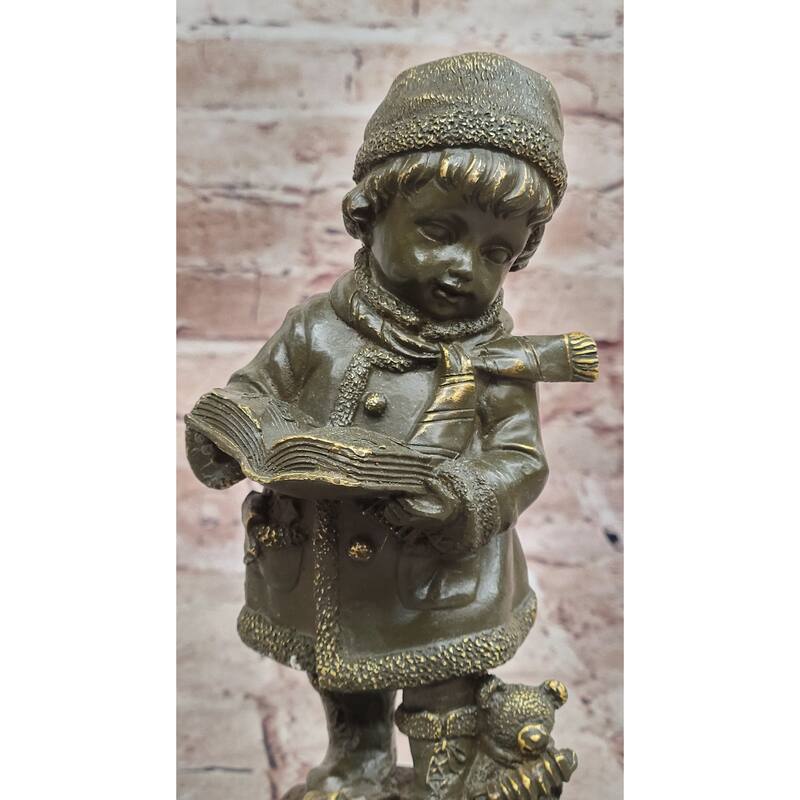 Winter Child Reading Book – Bronze Figurine With Teddy Bear