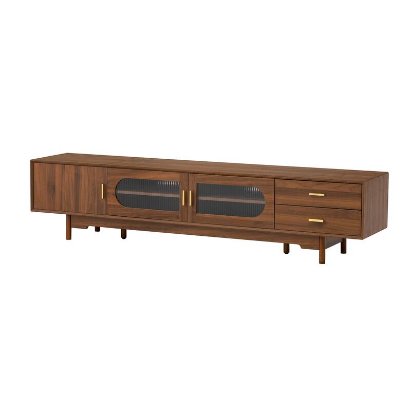Anmytek Modern TV Stand Media Console with Fluted Glass Doors Beveled Edge Solid Wood Legs Large Screen Storage