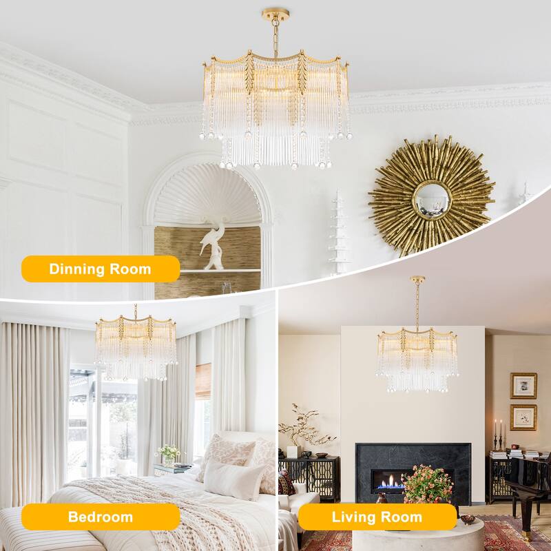 Gold Chandelier Clear Glass Rods & Hanging Crystal Balls Accents