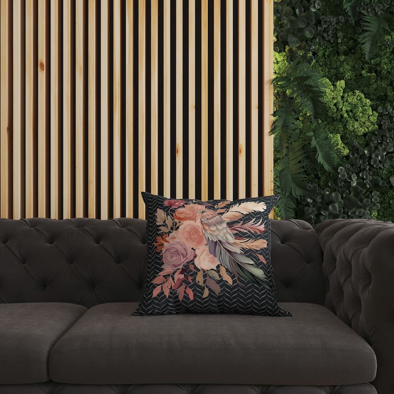 Black And Pink Feathered Bouquet Faux Suede Throw Pillow Zipper
