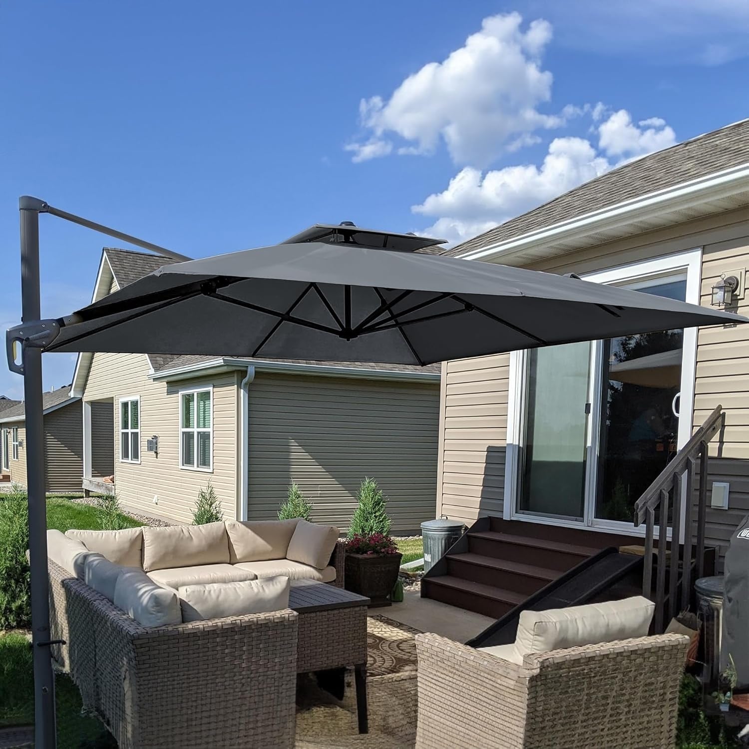 graphite cantilever patio umbrellas 12x12ft Best Umbrella with Sunbrella Fabric, Large Outdoor Umbrella, Spectrum Indigo oxidation spray painted PURPLE LEAF Double Top Stylish