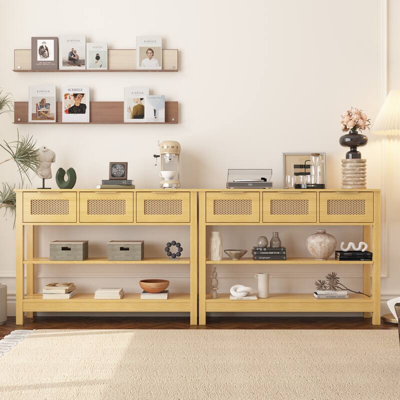 Anmytek Teal Rattan Entryway Console Table with 3 Drawers Adjustable Shelves Boho Chic Storage