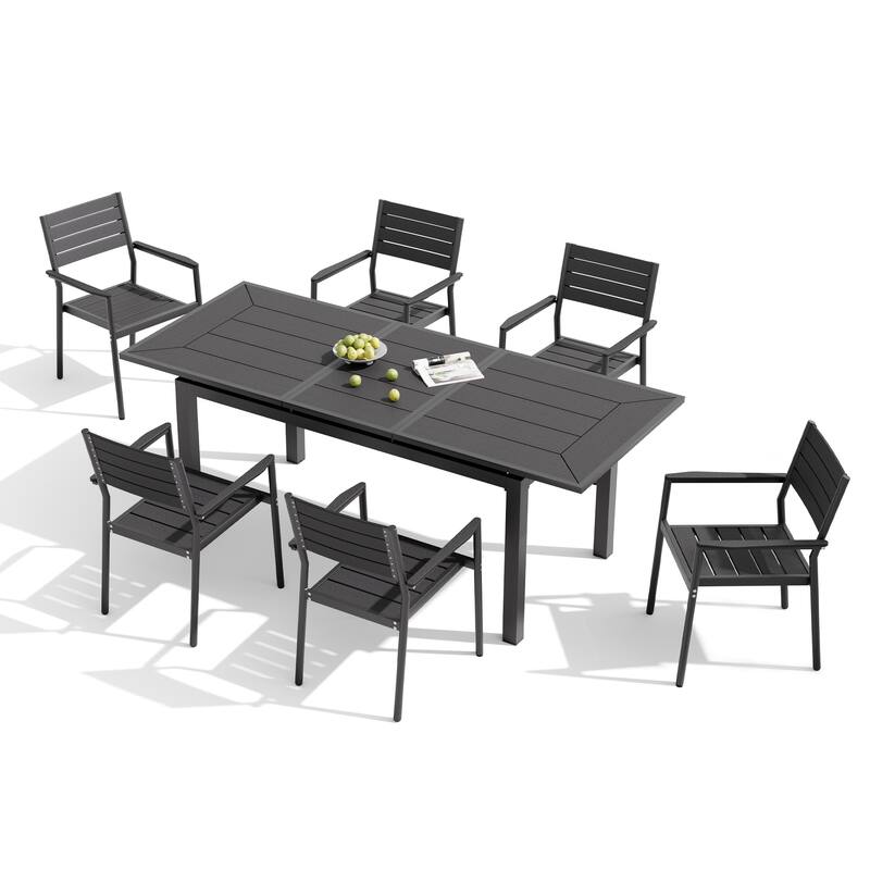 7PC Pellebant Outdoor Patio Aluminum Expandable Dining Table WPC Top with Stackable Armchairs