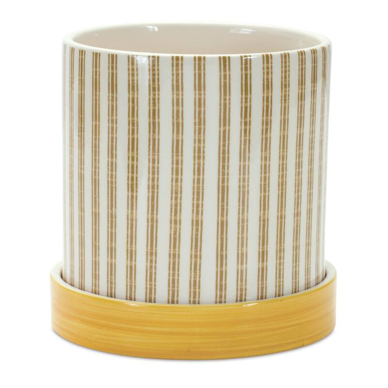 Stone Bumble Bee Striped Planter with Plate (Set of 2)