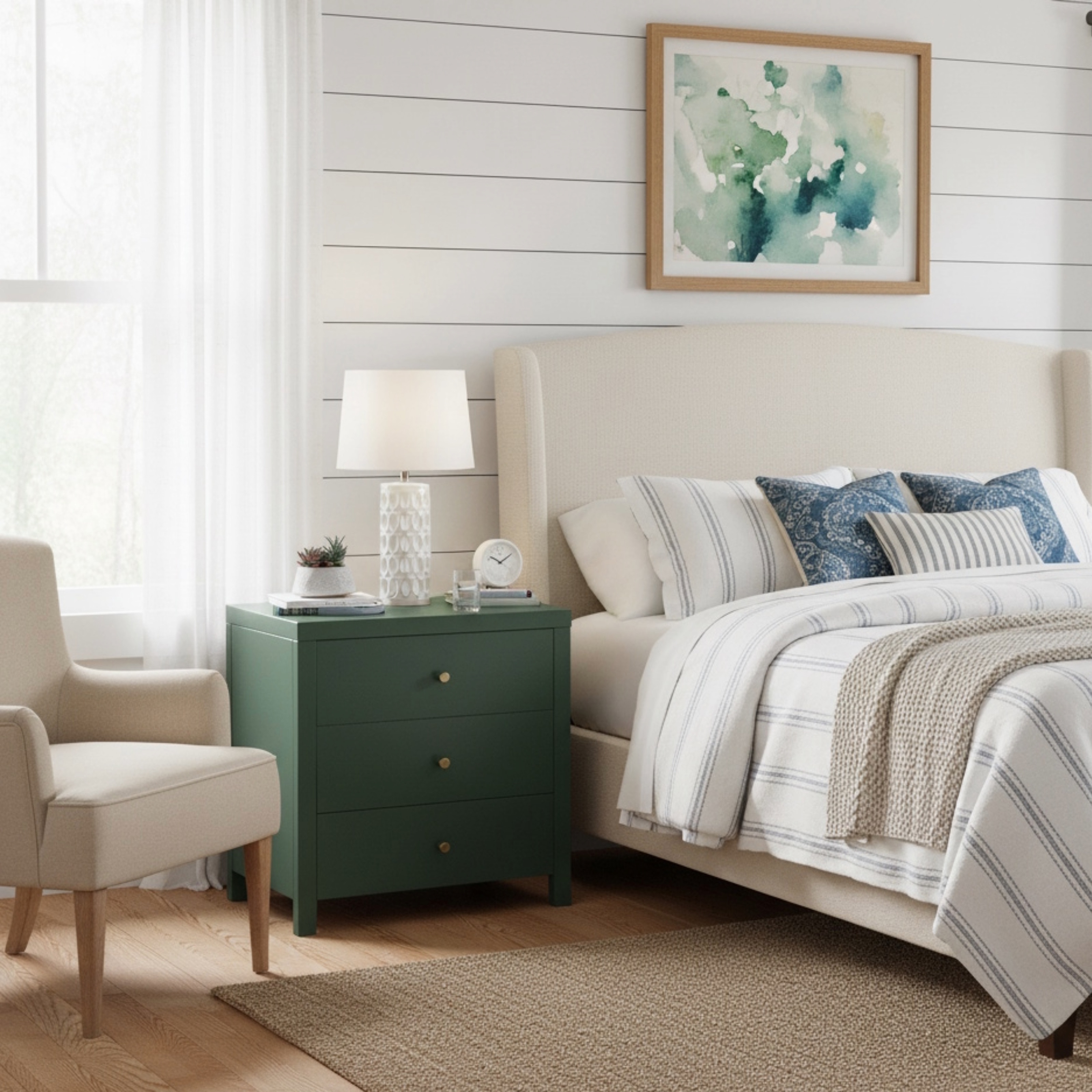 Modern Nightstand with 2 Drawers Wood Grain Texture Metal Pulls