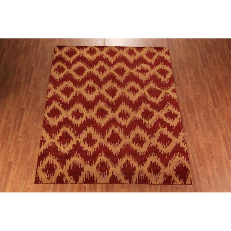 Hand Knotted Oriental 100% Wool Carpet Modern Geometric Red Moroccan Area Rug - 9' 7'' X 7' 11''