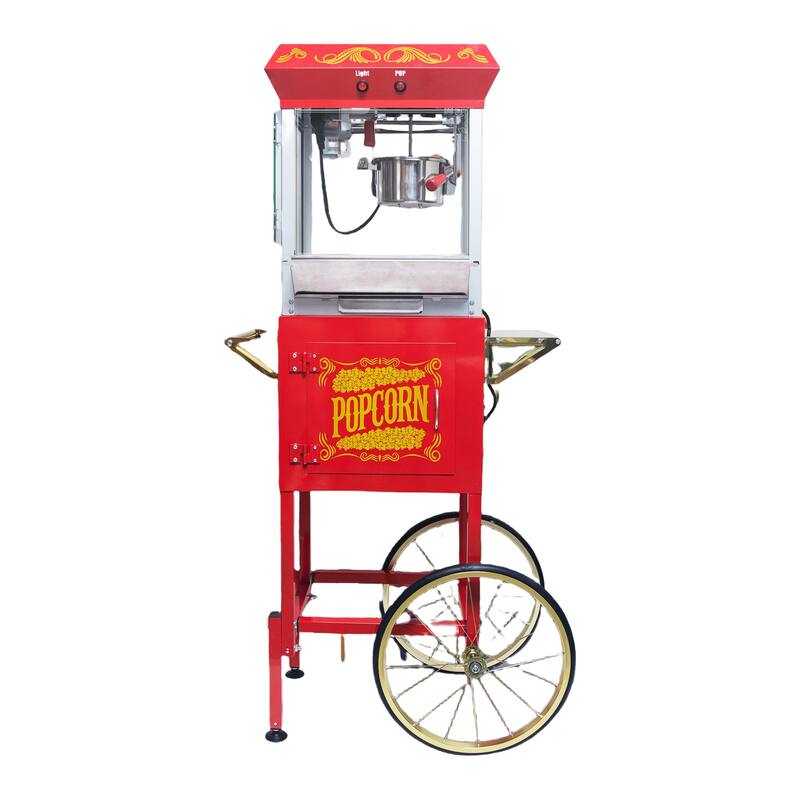 8oz Popcorn Machine with Cart, Stainless Kettle and Warming Deck - Red