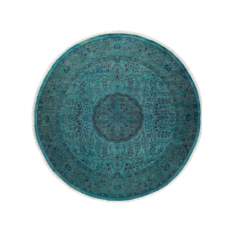 Overton Hand Knotted Wool Vintage Inspired Modern Contemporary Overdyed Blue Round Area Rug - 5' 8" x 5' 9"