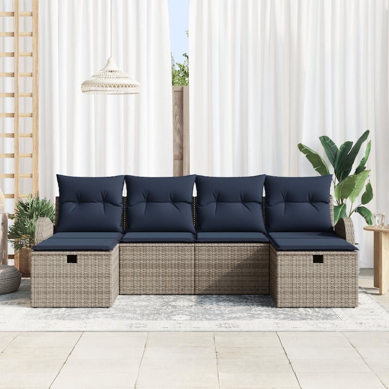 vidaXL 6 Garden Sofa Set with Cushions Black/Brown/Grey Poly Rattan - 92.1 x 46.1 x 27.2