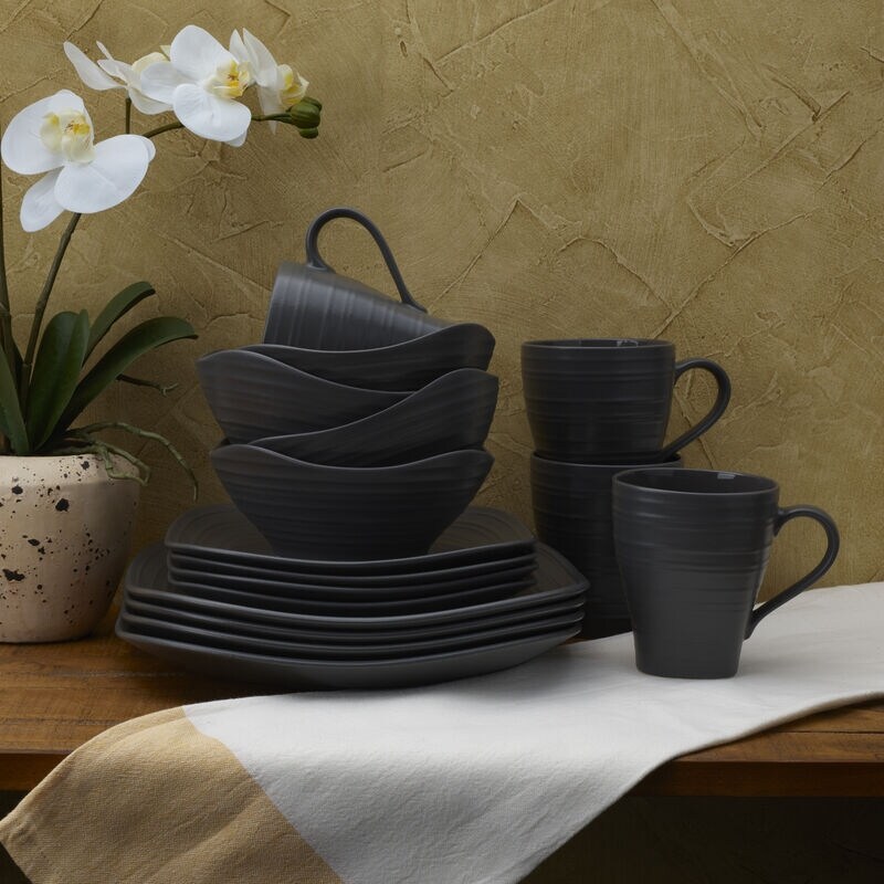 Mikasa Swirl Square Graphite 16PC Dinnerware Set Service for 4 On Sale Bed Bath Beyond 38359708